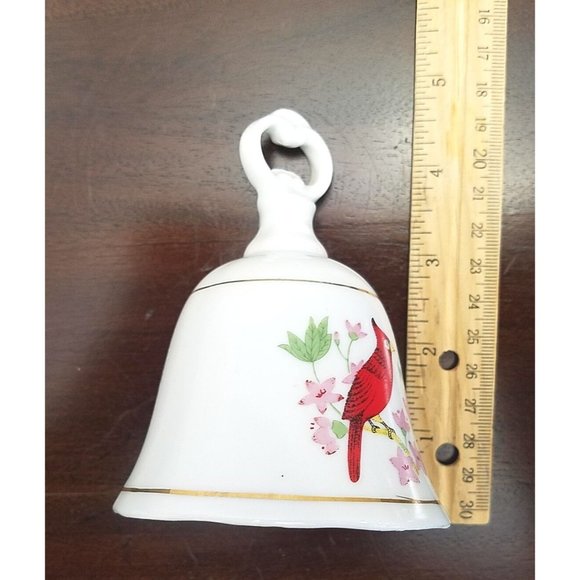 Vtg Red Bird Dinner Bell Cardinal Christmas Porcelain Pink Flowers - Picture 4 of 9